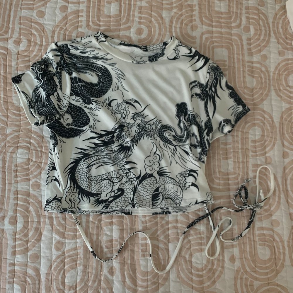 Black & White Crop Dragon Top w/ Tie